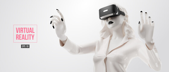 Wall Mural - vr headset, online shopping. woman, wearing virtual reality glasses on black background. woman buys 