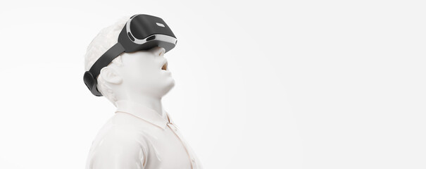 VR headset, technology. 3d render of the man, wearing virtual reality glasses on white background. VR games. You will also find a EPS 10 for this image in my portfolio. Thanks for watching