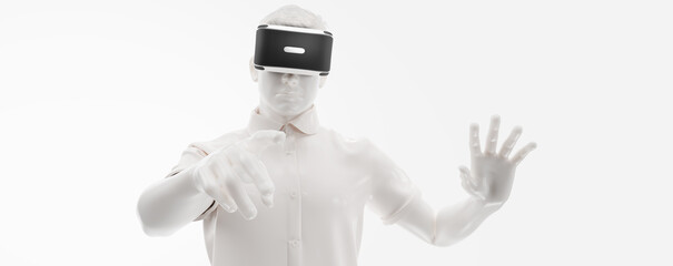 Wall Mural - vr headset, technology. 3d render of the man, wearing virtual reality glasses on white background. v