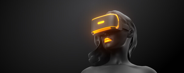 Wall Mural - vr headset, online shopping. 3d render of the woman, wearing virtual reality glasses on black backgr
