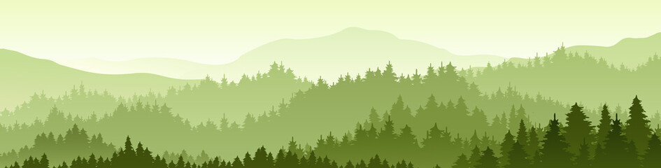 Wall Mural - Vector horizontal landscape with fog, forest, mountains and morning sunlight. Illustration of panoramic view, mist and silhouettes mountains. Good for wallpaper, background, banner, cover, poster