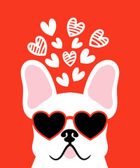 Wall Mural - Cute cartoon french bulldog. Hand drawn vector illustration art on red background .White French bulldog wearing red sunglasses.