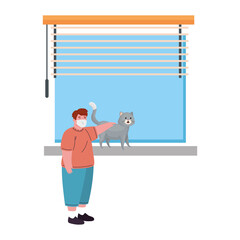 Poster - boy wearing medical mask for prevention covid 19 with cat in window, stay at home concept vector illustration design