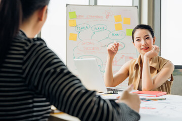 Wall Mural - Group of asian young modern people brainstorm meeting in office background. Business meeting, Planning, Strategy, New business development, Startup concept.