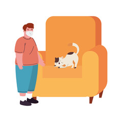 Poster - boy wearing medical mask for prevention covid 19 with cat in couch vector illustration design