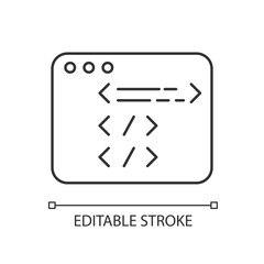 Website development pixel perfect linear icon. Open source code. HTML programming. Thin line customizable illustration. Contour symbol. Vector isolated outline drawing. Editable stroke