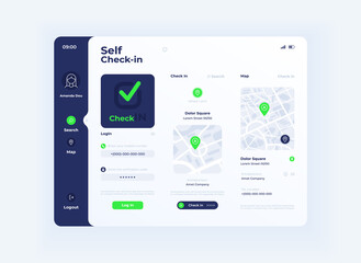 Self check in tablet interface vector template. Mobile app page light mode design layout. User account menu screen. Flat UI for application. Maps with locations marks on portable device display