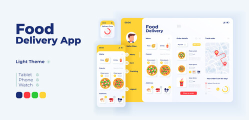Fast food delivery app screen vector adaptive design template. Italian pizza ordering application light mode interface with flat illustrations. Smartphone, tablet, smart watch cartoon UI