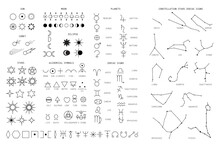 Zodiac Sings Constellation, Alchemy Astrology Astronomy Symbols, Isolated Icons. Planets, Stars Pictograms. Big Esoteric Set In Line Art Black And White Color Geometric