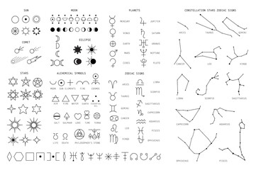zodiac sings constellation, alchemy astrology astronomy symbols, isolated icons. planets, stars pict