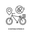 © Antstudio - Bike delivery icon. Delivery bike with corona virus stop and location sign. Safe and fast food and order delivery service in corona virus pandemic, line illustration pictogram. Editable stroke vector