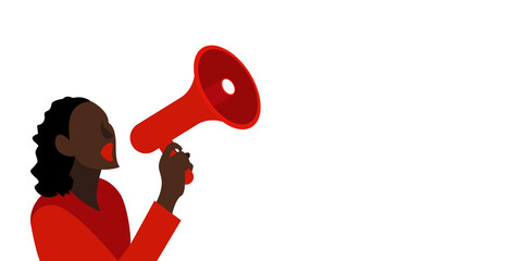 Black Lives Matter concept. Woman protester with megaphone on white isolated background. Person holds a loudspeaker in hand. Template for banner, poster.