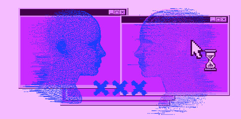 Poster - Artificial Intelligence and Virtual Reality concept. 3D human head made of pixels in neon vivid colors.
