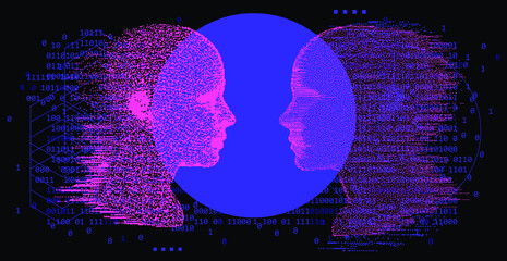 artificial intelligence and virtual reality concept. 3d human head made of pixels.