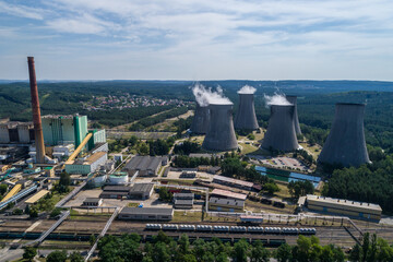 Chimneys and big heating plant powerhouse Siersza Trzebinia Poland aerial drone