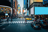 Fototapeta Nowy Jork - Famous Times Square landmark in New York downtown with mock up billboards for advertising and commercial information content. Big metropolis urban scene with development infrastructure with Lighboxes