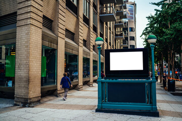 Wall Mural - New York City Subway entrance with Clear empty billboard with copy space area for advertising text message or content, public metro transportation information board, promotional mock up on city street