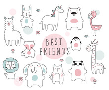 Cartoon Sketch Illustration With Cute Doodle Animals