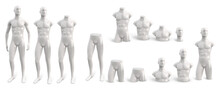 Set Of White Male Plastic Standing Naked Mannequin For Clothes Of Different Parts. Front View. Decor Showcases Fashion Store. Vector 3d Realistic Illustration Isolated On White Background
