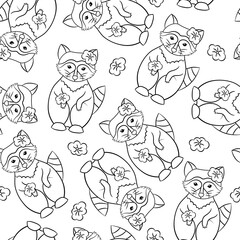 Poster - Seamless pattern with cute raccoons, coloring page