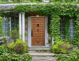 Poster - Elegant wooden front door of house surrounded by ivy