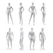 White plastic female and male mannequin for clothes. Side, front and back view. Commercial equipment for shop windows. 3d illustration isolated on a white background.