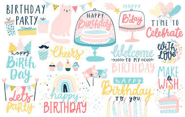 Poster - Happy Birthday lettering set. Hand drawn letterings and other elements - cakes, gifts, masks, candles, balloons.