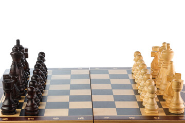 Wooden chess. Chess pieces arranged on a chessboard. Isolated on white background. Full depth of field.