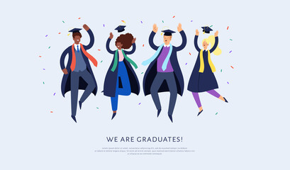 Wall Mural - Set of happy jumping young people. Cartoon international students in graduation gowns and caps. Educated university or collage graduating man and woman characters. Flat isolated vector illustration.