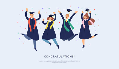 Set of happy jumping young people. Cartoon international students in graduation gowns and caps. Educated university or collage graduating man and woman characters. Flat isolated vector illustration.