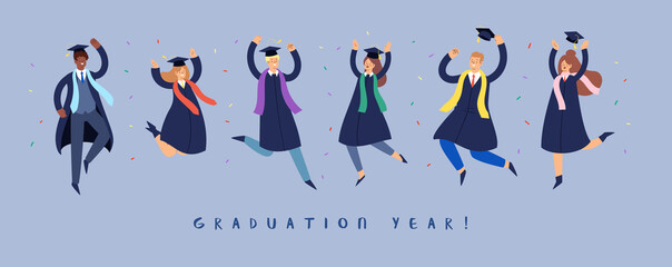 Set of happy jumping young people. Cartoon international students in graduation gowns and caps. Educated university or collage graduating man and woman characters. Flat isolated vector illustration.