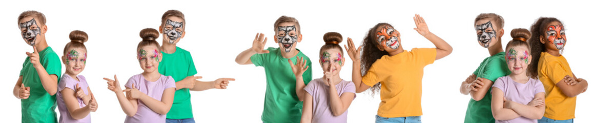 Sticker - Funny little children with face painting on white background