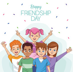 Poster - happy friendship day celebration with group of kids and confetti