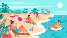 Different People Resting On The Tropic Summer Beach Vector Illustration