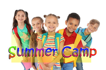 Poster - Group of little children with backpacks on white background. Summer camp