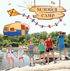 Wall Mural - children at summer camp. illustrations on background