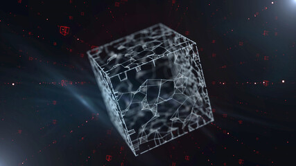 Wall Mural - 3d render cubic tunnel with large translucent cube floating inside.