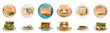 Set of toasted bread with different toppings on white background, banner design
