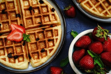 Poster - Homemade Chocolate chip waffles with strawberries