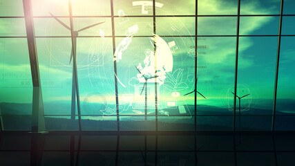 Wall Mural - view of the wind farms and virtual infographics.