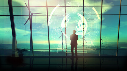 Wall Mural - male silhouette on a background of wind farms and virtual infographics.
