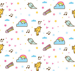 birds sing in the sky kawaii pattern