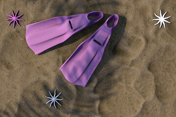 3d rendering of summer concept. Purple rubber flippers and sea stars isolated on sand background with sunlight and shadow of coconut leaves. Minimal design art. Copy space.