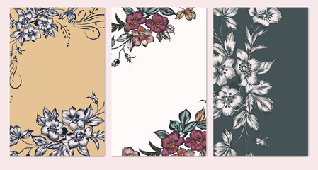 Aufkleber - Set of card with elegant flowers, leaves. Wedding vintage concept. Floral poster, invite. Vector decorative greeting card or invitation design background