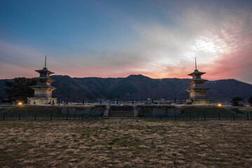 The Night of the Gamgeunsa Temple.Three-story stone pagoda in Gyeongju, Korea