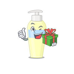 Wall Mural - joyful serum cartoon character with a big gift box