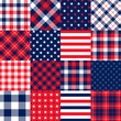 
Americana Stars and Stripes Cheater Quilt Vector Seamless Pattern. Patchwork Squares of Patriotic Red, White and Blue Stars and Stripes, Gingham Plaid and Tartan. 