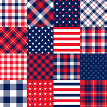 
Americana Stars And Stripes Cheater Quilt Vector Seamless Pattern. Patchwork Squares Of Patriotic Red, White And Blue Stars And Stripes, Gingham Plaid And Tartan. 