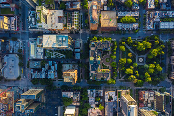 top down aerial view of chicago downtown urban grid with park