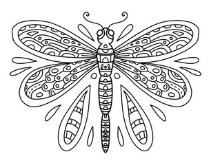 Wall Mural - Vector coloring book with dragonfly line art black and white illustration. Insect with wings and small details. Coloring page for adults and children with dragonfly. A series of coloring with insects.